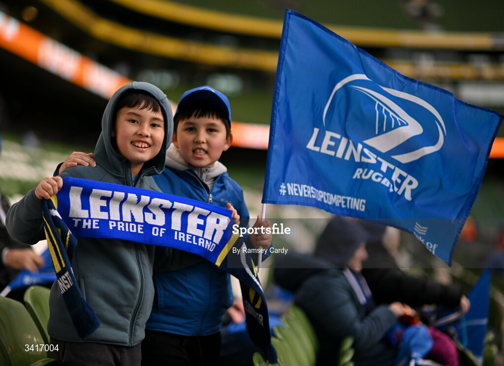 5 April 2026; Leinster fans Remy Ly and Xavier Ly before the Investec Champions Cup match between Leinster and Edinburgh at the Aviva Stadium in Dublin. Photo by Ramsey Cardy/Sportsfile