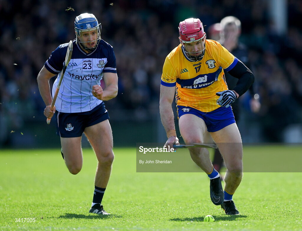 5 April 2026; John Conlon of Clare in action against Dara Purcell of Dublin during the Allianz Hurling League Division 1B final match between Clare and Dublin at TUS Gaelic Grounds in Limerick. Photo by John Sheridan/Sportsfile