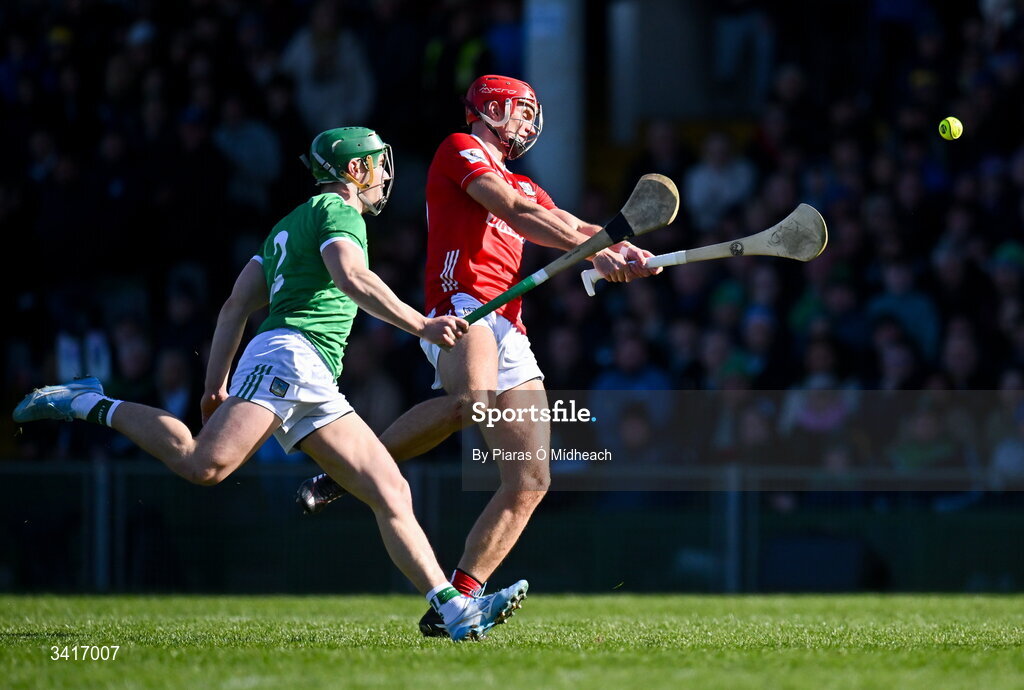 5 April 2026; Brian Hayes of Cork in action against Seán Finn of Limerick during the Allianz Hurling League Division 1A final match between Limerick and Cork at TUS Gaelic Grounds in Limerick. Photo by Piaras Ó Mídheach/Sportsfile