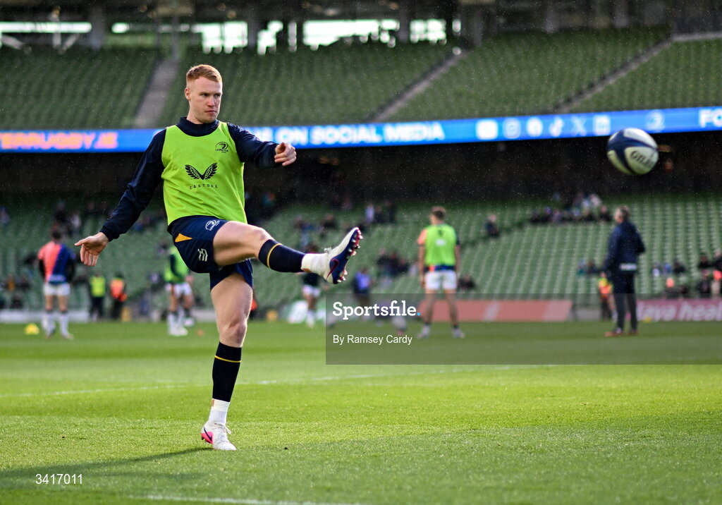 5 April 2026; Ciarán Frawley of Leinster warms up before the Investec Champions Cup match between Leinster and Edinburgh at the Aviva Stadium in Dublin. Photo by Ramsey Cardy/Sportsfile
