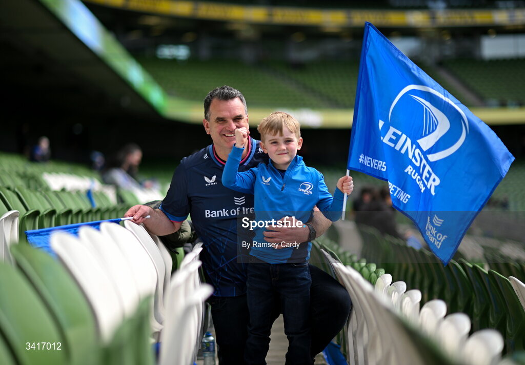 5 April 2026; Leinster fans Steven Harbott with Ethan, right, age 6, before the Investec Champions Cup match between Leinster and Edinburgh at the Aviva Stadium in Dublin. Photo by Ramsey Cardy/Sportsfile