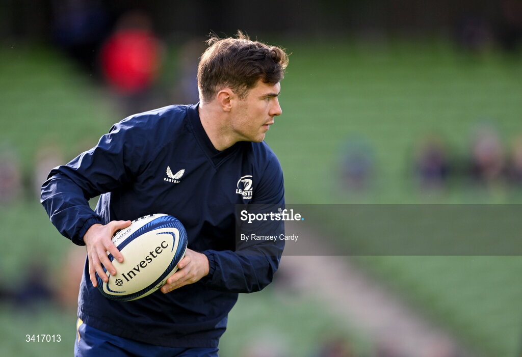 5 April 2026; Luke McGrath of Leinster warms up before the Investec Champions Cup match between Leinster and Edinburgh at the Aviva Stadium in Dublin. Photo by Ramsey Cardy/Sportsfile