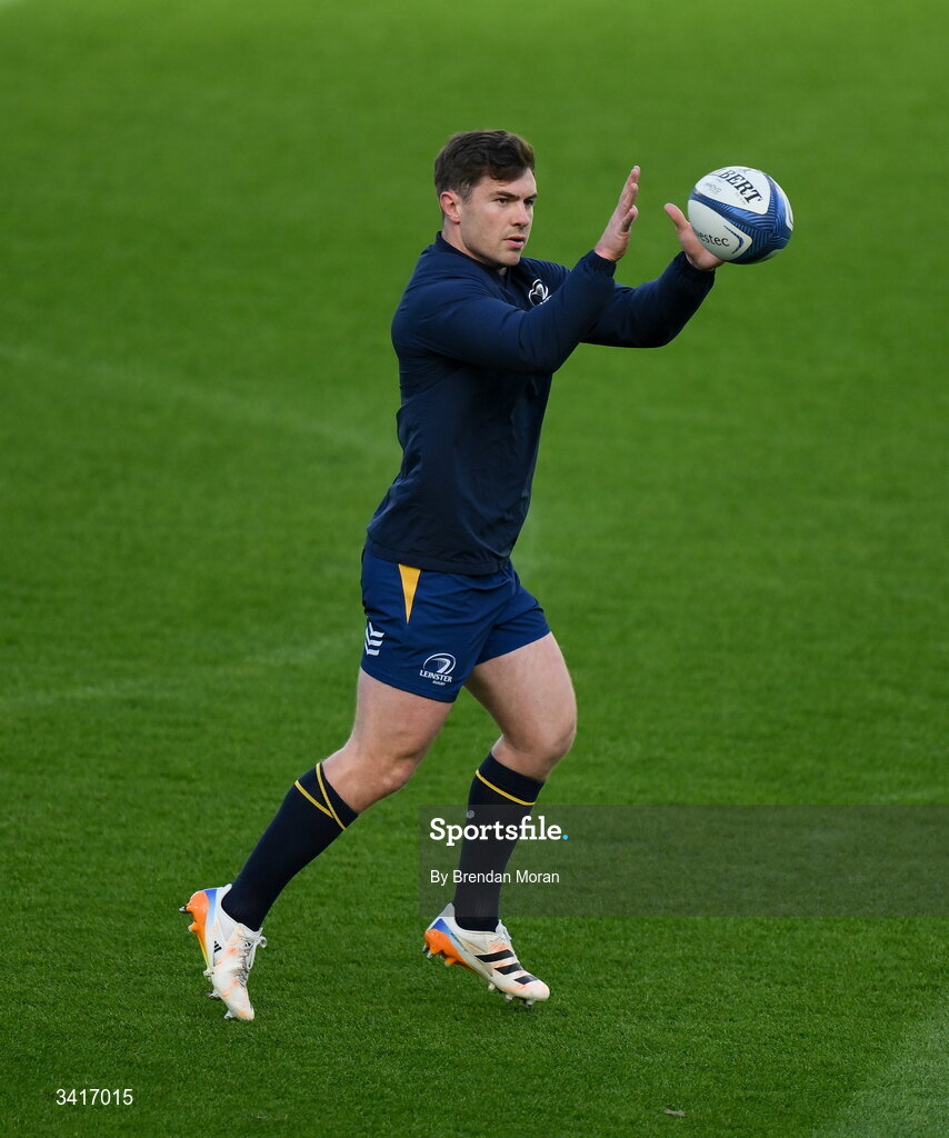 5 April 2026; Luke McGrath of Leinster warms up before the Investec Champions Cup match between Leinster and Edinburgh at the Aviva Stadium in Dublin. Photo by Brendan Moran/Sportsfile