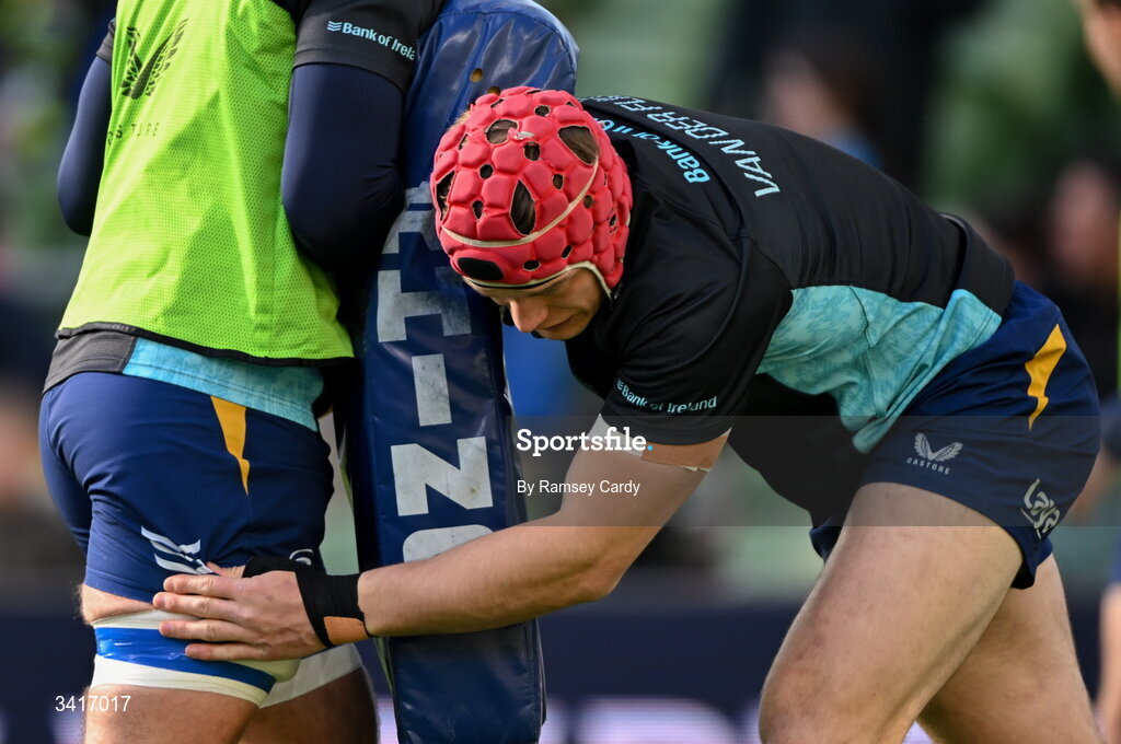 5 April 2026; Josh van der Flier of Leinster warms up before the Investec Champions Cup match between Leinster and Edinburgh at the Aviva Stadium in Dublin. Photo by Ramsey Cardy/Sportsfile