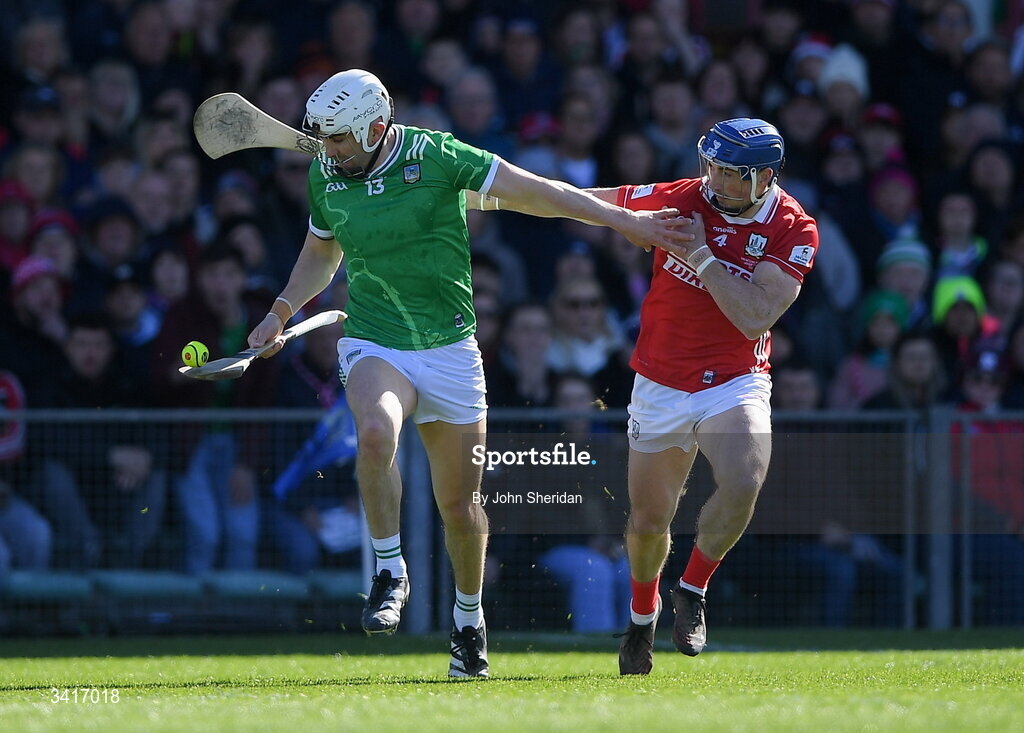 5 April 2026; Aaron Gillane of Limerick in action against Seán O'Donoghue of Cork during the Allianz Hurling League Division 1A final match between Limerick and Cork at TUS Gaelic Grounds in Limerick. Photo by John Sheridan/Sportsfile