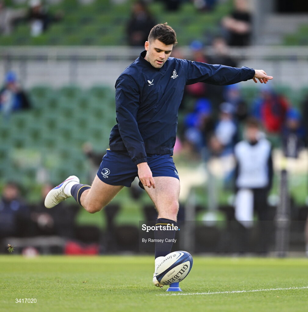 5 April 2026; Harry Byrne of Leinster warms up before the Investec Champions Cup match between Leinster and Edinburgh at the Aviva Stadium in Dublin. Photo by Ramsey Cardy/Sportsfile