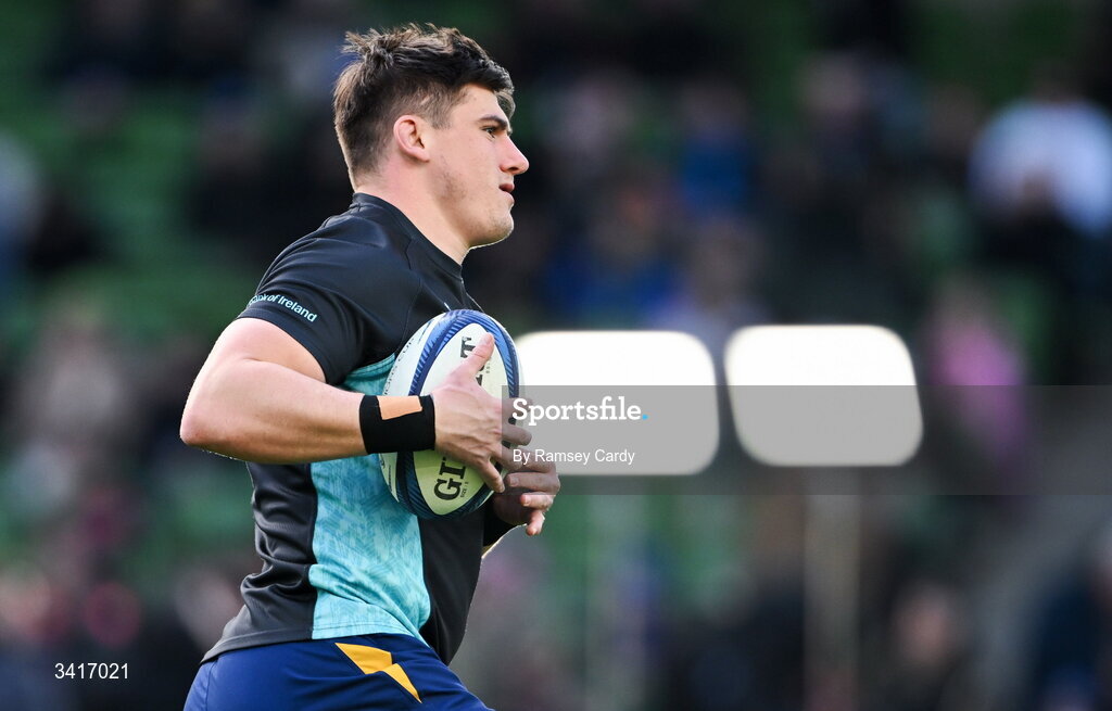 5 April 2026; Dan Sheehan of Leinster warms up before the Investec Champions Cup match between Leinster and Edinburgh at the Aviva Stadium in Dublin. Photo by Ramsey Cardy/Sportsfile