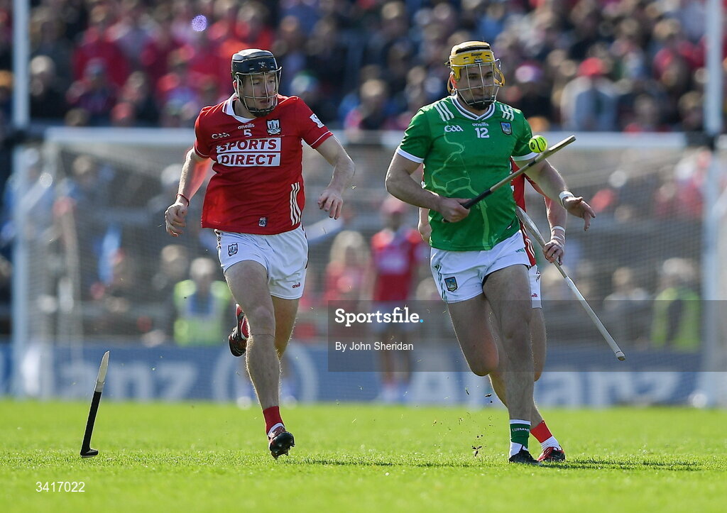 5 April 2026;Cathal O'Neill of Limerick in action against Eoin Downey of Cork during the Allianz Hurling League Division 1A final match between Limerick and Cork at TUS Gaelic Grounds in Limerick. Photo by John Sheridan/Sportsfile