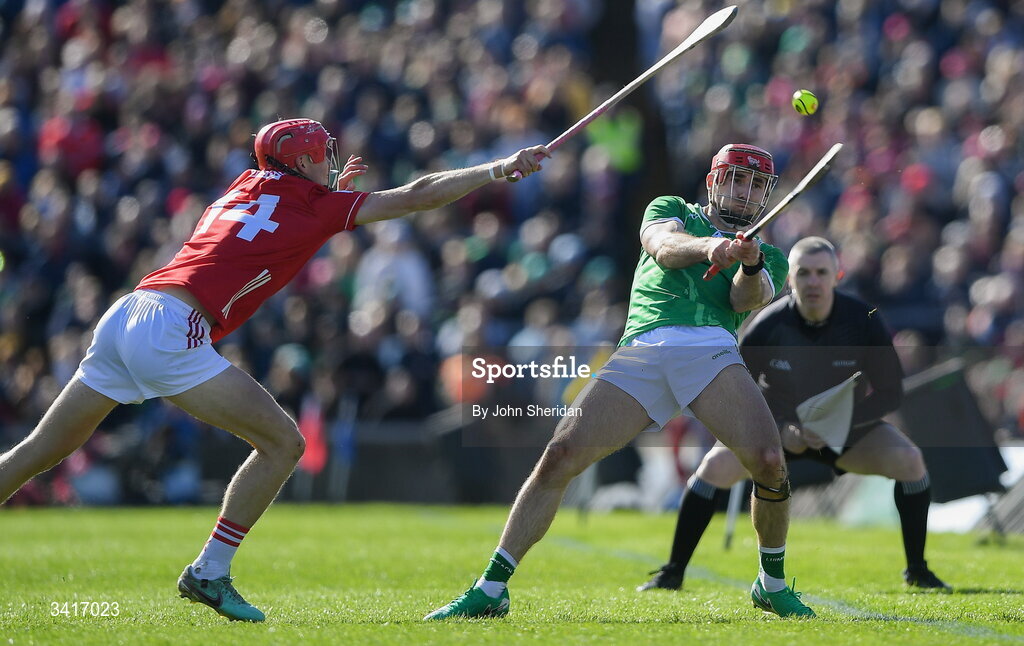 5 April 2026; Barry Nash of Limerick in action against Alan Connolly of Cork during the Allianz Hurling League Division 1A final match between Limerick and Cork at TUS Gaelic Grounds in Limerick. Photo by John Sheridan/Sportsfile