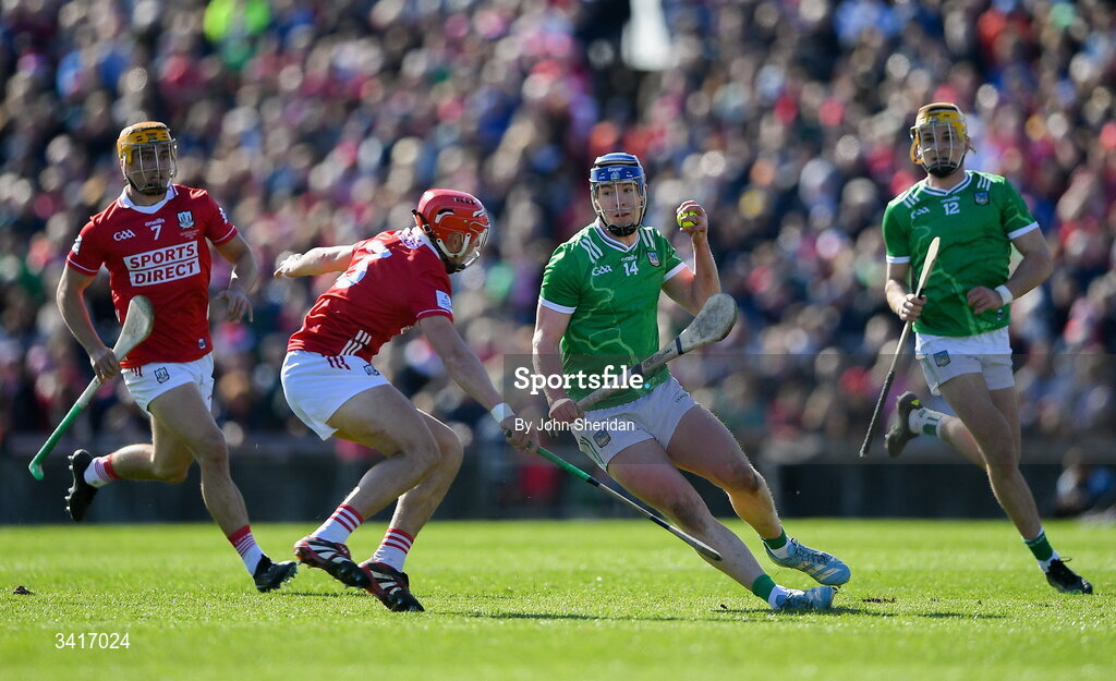 5 April 2026;Shane O'Brien of Limerick in action against Ciarán Joyce of Cork during the Allianz Hurling League Division 1A final match between Limerick and Cork at TUS Gaelic Grounds in Limerick. Photo by John Sheridan/Sportsfile
