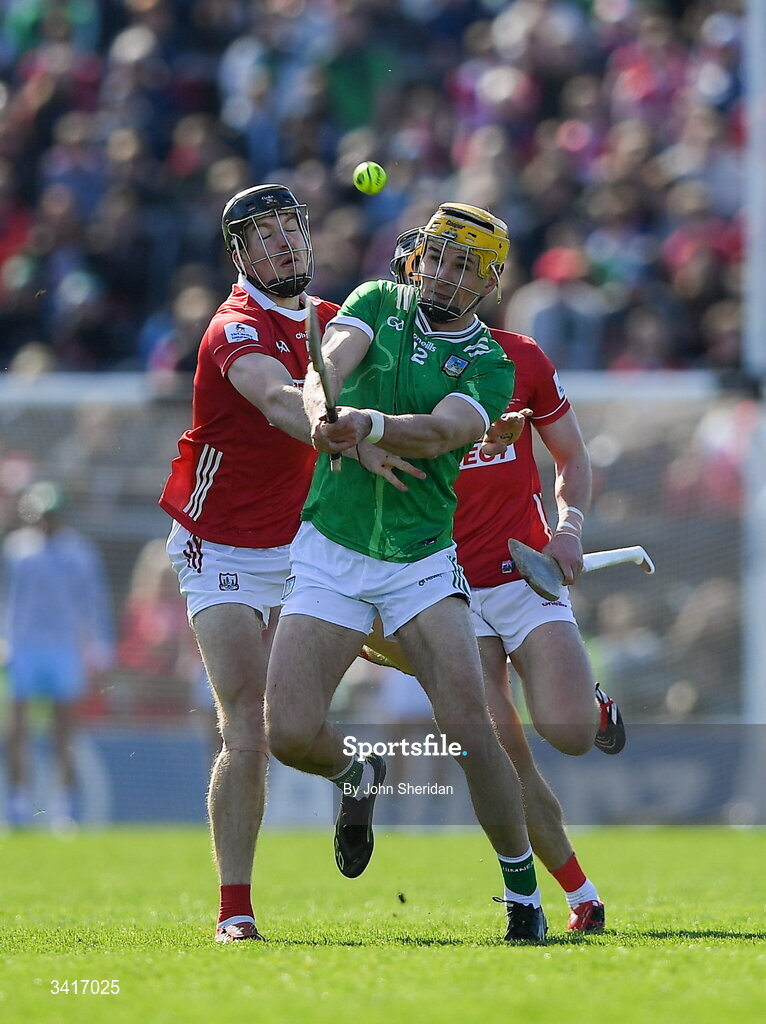 5 April 2026;Cathal O'Neill of Limerick in action against Eoin Downey of Cork during the Allianz Hurling League Division 1A final match between Limerick and Cork at TUS Gaelic Grounds in Limerick. Photo by John Sheridan/Sportsfile