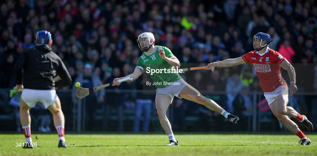 5 April 2026; Aaron Gillane of Limerick in action against Seán O'Donoghue of Cork during the Allianz Hurling League Division 1A final match between Limerick and Cork at TUS Gaelic Grounds in Limerick. Photo by John Sheridan/Sportsfile