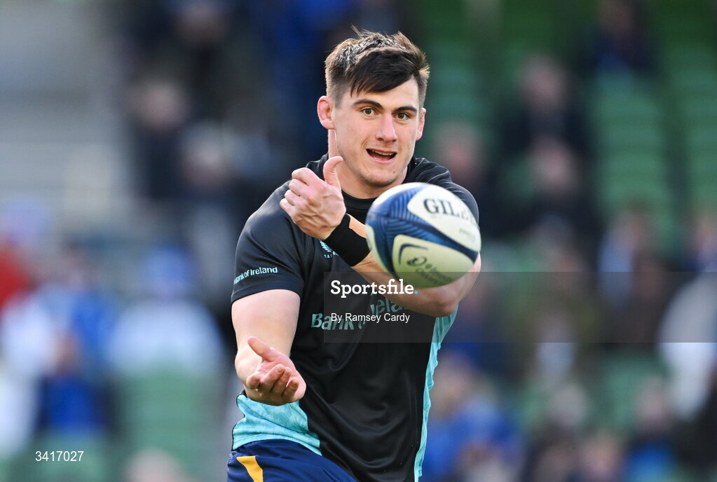 5 April 2026; Dan Sheehan of Leinster warms up before the Investec Champions Cup match between Leinster and Edinburgh at the Aviva Stadium in Dublin. Photo by Ramsey Cardy/Sportsfile