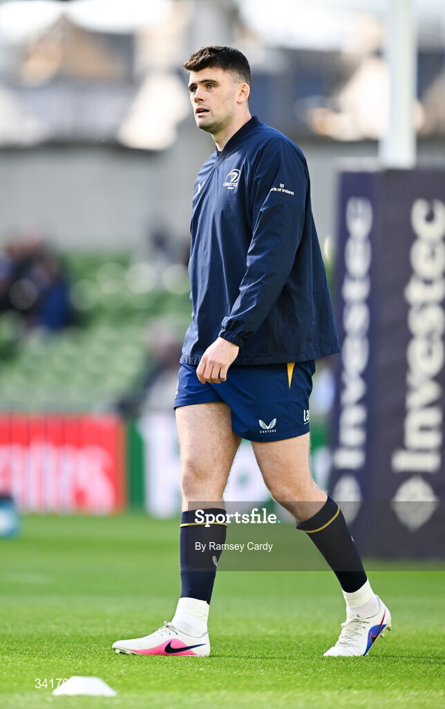 5 April 2026; Harry Byrne of Leinster warms up before the Investec Champions Cup match between Leinster and Edinburgh at the Aviva Stadium in Dublin. Photo by Ramsey Cardy/Sportsfile