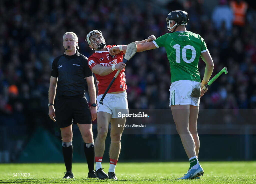 5 April 2026; Tommy O'Connell of Cork and Gearóid Hegarty of Limerick tussle during the Allianz Hurling League Division 1A final match between Limerick and Cork at TUS Gaelic Grounds in Limerick. Photo by John Sheridan/Sportsfile
