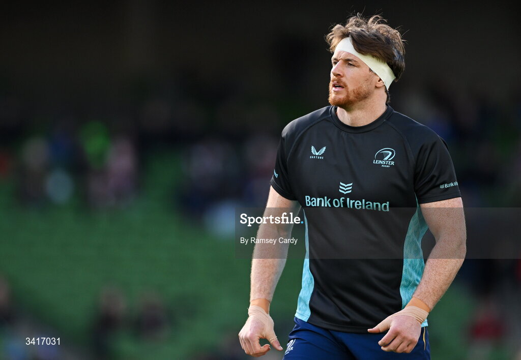 5 April 2026; Ryan Baird of Leinster warms up before the Investec Champions Cup match between Leinster and Edinburgh at the Aviva Stadium in Dublin. Photo by Ramsey Cardy/Sportsfile