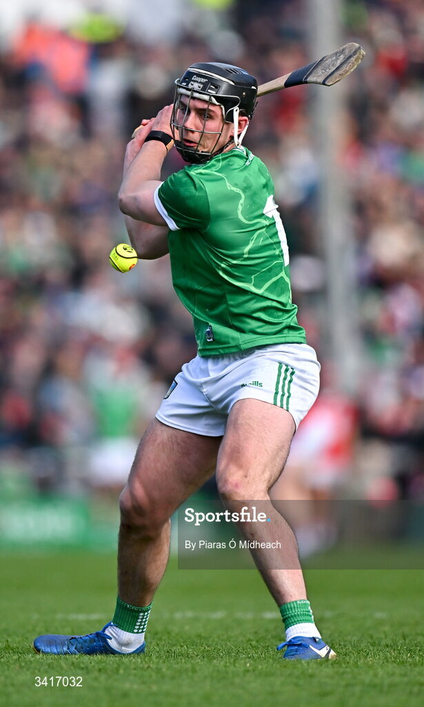 5 April 2026; Aidan O'Connor of Limerick takes a free during the Allianz Hurling League Division 1A final match between Limerick and Cork at TUS Gaelic Grounds in Limerick. Photo by Piaras Ó Mídheach/Sportsfile