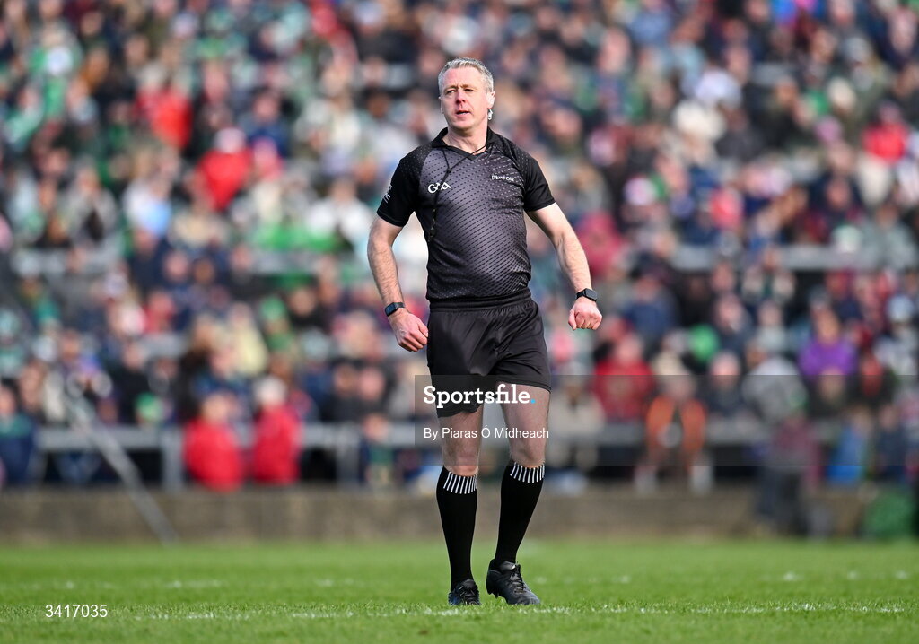 5 April 2026; Referee Shane Hynes during the Allianz Hurling League Division 1A final match between Limerick and Cork at TUS Gaelic Grounds in Limerick. Photo by Piaras Ó Mídheach/Sportsfile