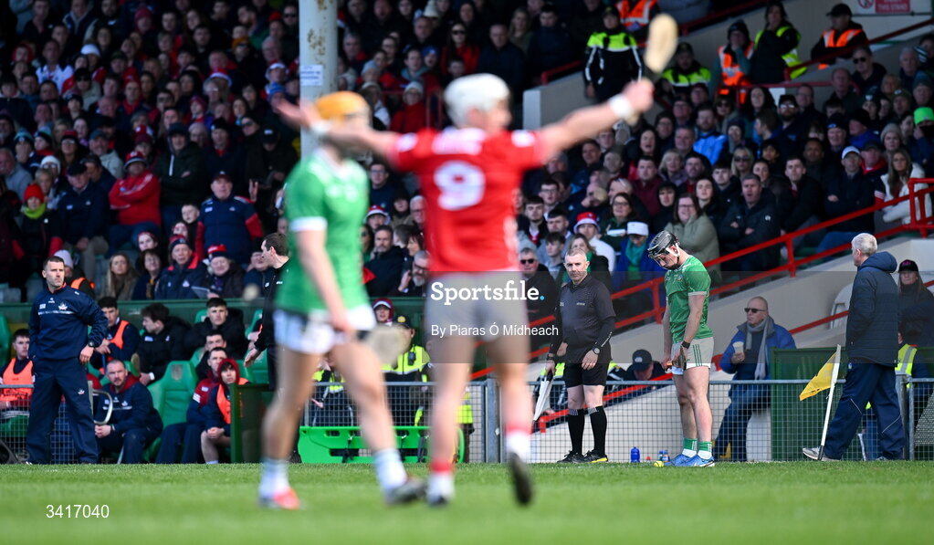 5 April 2026; Aidan O'Connor of Limerick prepares to take a free during the Allianz Hurling League Division 1A final match between Limerick and Cork at TUS Gaelic Grounds in Limerick. Photo by Piaras Ó Mídheach/Sportsfile