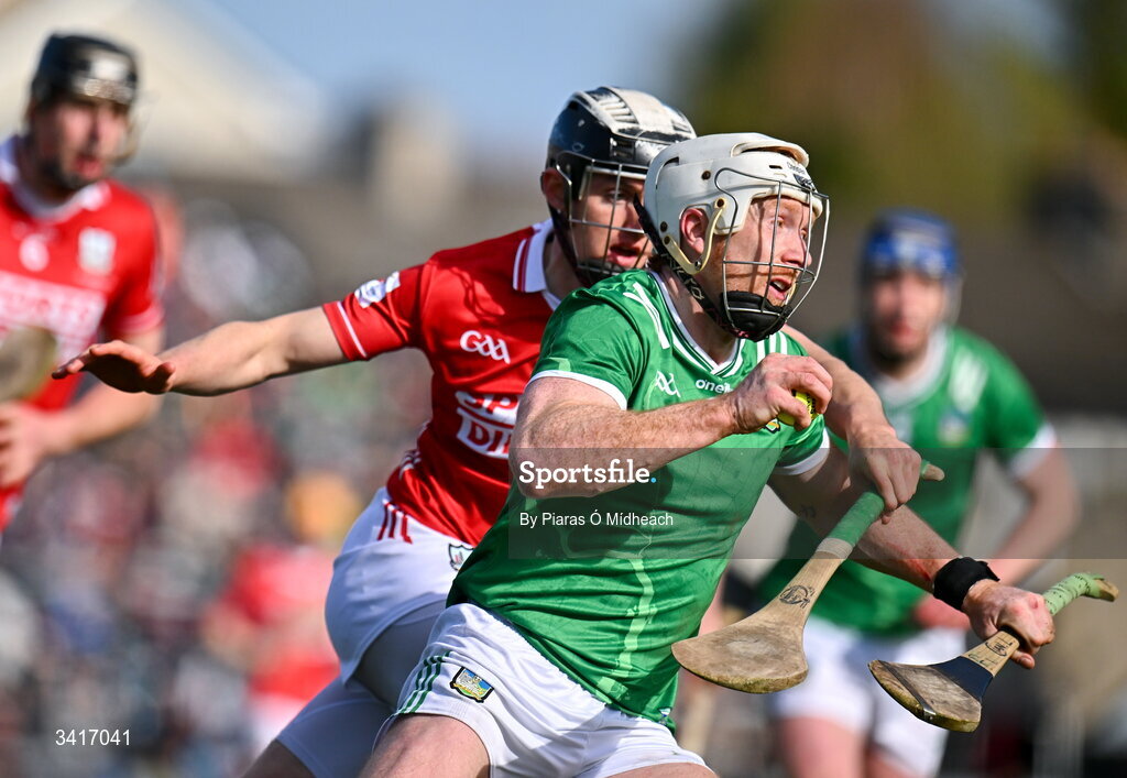 5 April 2026; Cian Lynch of Limerick in action against Ger Millerick of Cork during the Allianz Hurling League Division 1A final match between Limerick and Cork at TUS Gaelic Grounds in Limerick. Photo by Piaras Ó Mídheach/Sportsfile