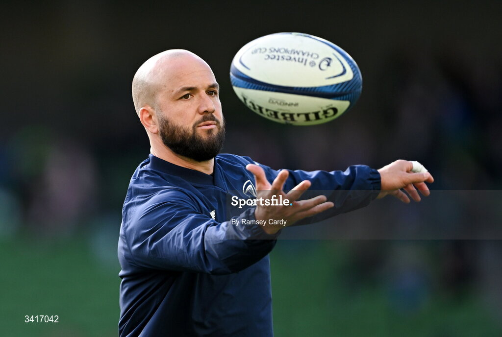 5 April 2026; Jamison Gibson-Park of Leinster warms up before the Investec Champions Cup match between Leinster and Edinburgh at the Aviva Stadium in Dublin. Photo by Ramsey Cardy/Sportsfile