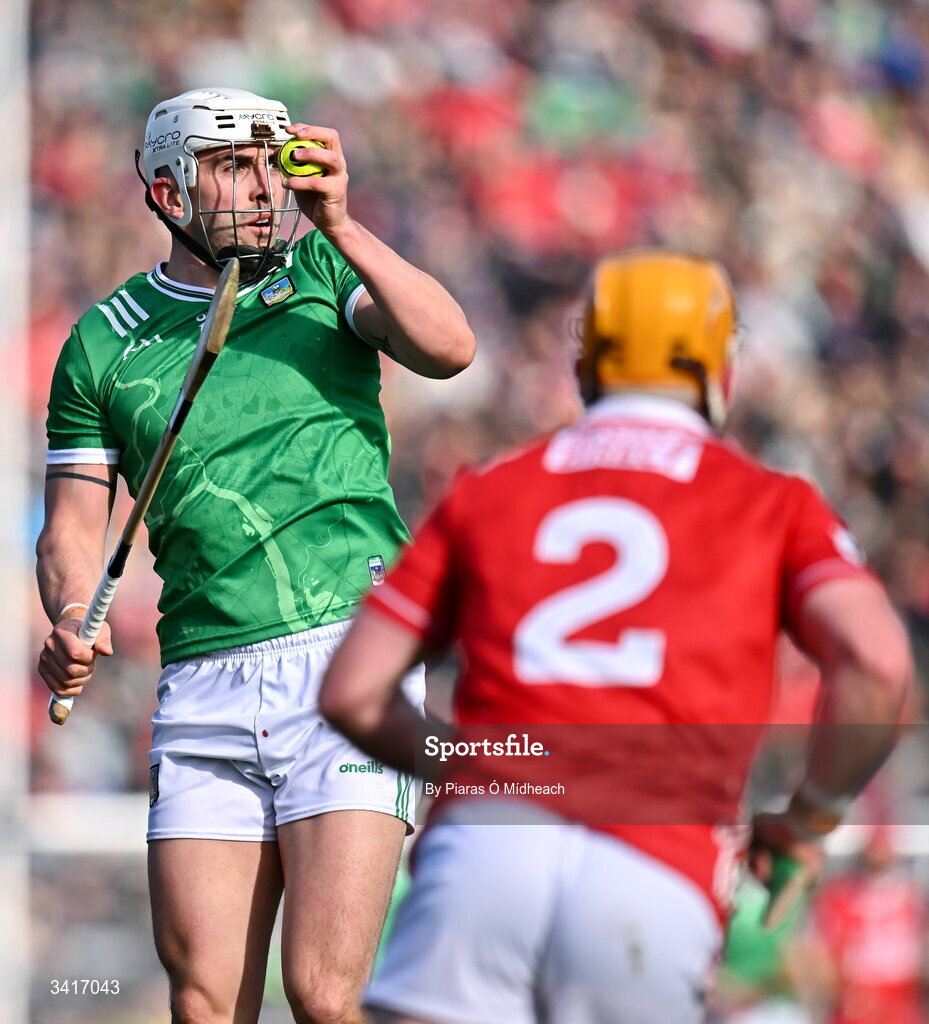 5 April 2026; Aaron Gillane of Limerick in action against Niall O'Leary of Cork during the Allianz Hurling League Division 1A final match between Limerick and Cork at TUS Gaelic Grounds in Limerick. Photo by Piaras Ó Mídheach/Sportsfile