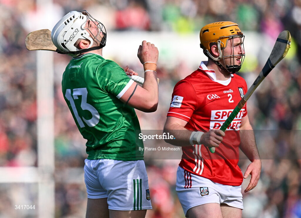 5 April 2026; Aaron Gillane of Limerick reacts after hitting a wide under pressure from Niall O'Leary of Cork, 2, during the Allianz Hurling League Division 1A final match between Limerick and Cork at TUS Gaelic Grounds in Limerick. Photo by Piaras Ó Mídheach/Sportsfile