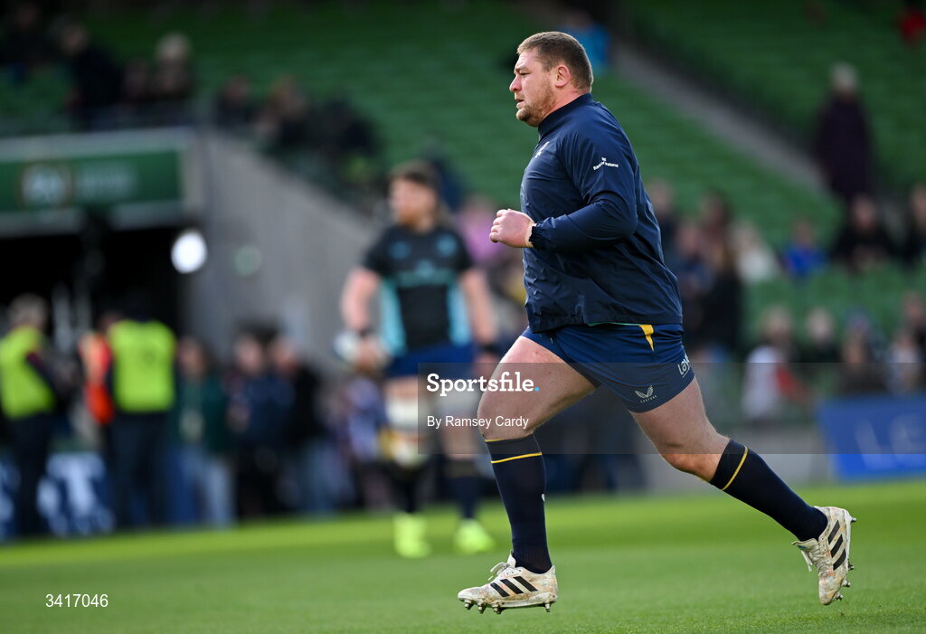 5 April 2026; Tadhg Furlong of Leinster warms up before the Investec Champions Cup match between Leinster and Edinburgh at the Aviva Stadium in Dublin. Photo by Ramsey Cardy/Sportsfile