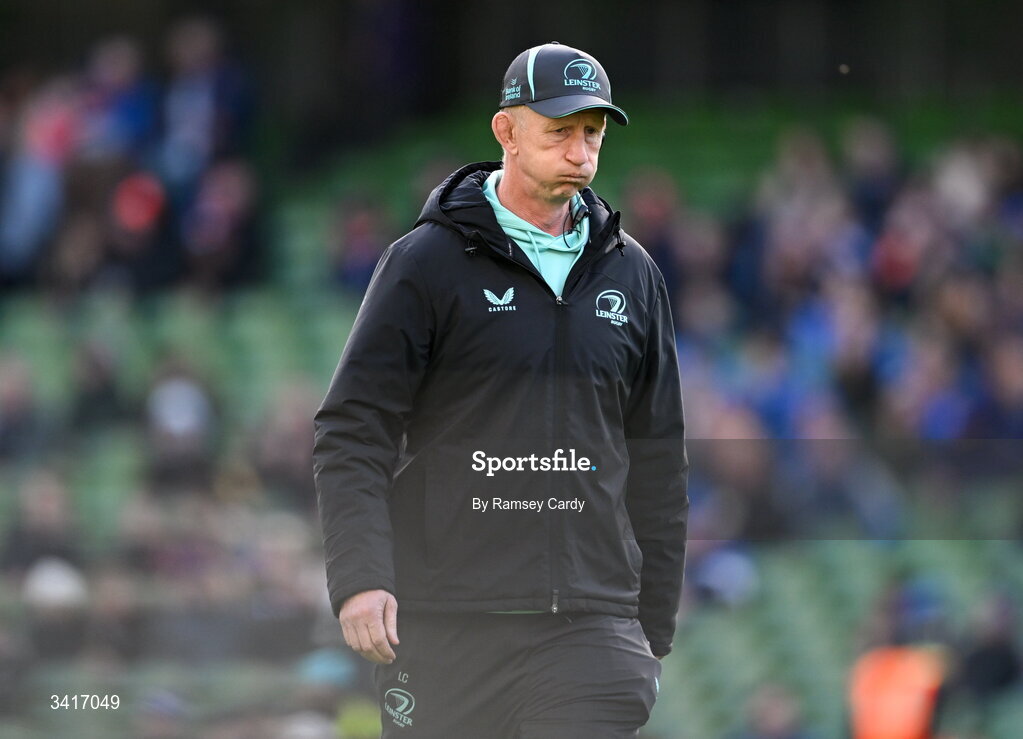 5 April 2026; Leinster head coach Leo Cullen before the Investec Champions Cup match between Leinster and Edinburgh at the Aviva Stadium in Dublin. Photo by Ramsey Cardy/Sportsfile