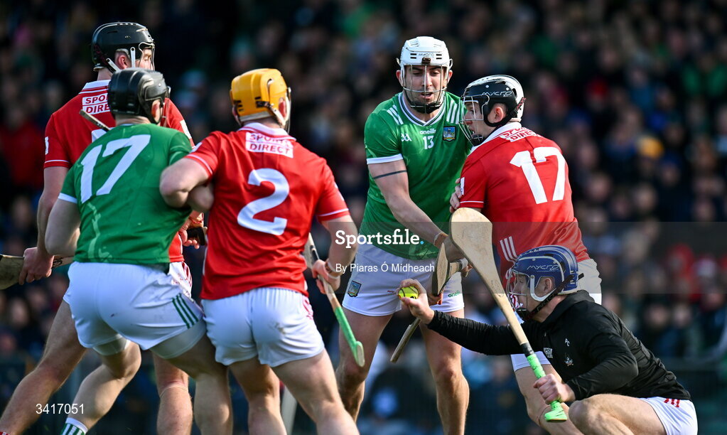 5 April 2026; Cork goalkeeper Patrick Collins gathers possession during the Allianz Hurling League Division 1A final match between Limerick and Cork at TUS Gaelic Grounds in Limerick. Photo by Piaras Ó Mídheach/Sportsfile