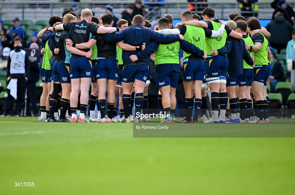 5 April 2026; The Leinster squad huddle before the Investec Champions Cup match between Leinster and Edinburgh at the Aviva Stadium in Dublin. Photo by Ramsey Cardy/Sportsfile