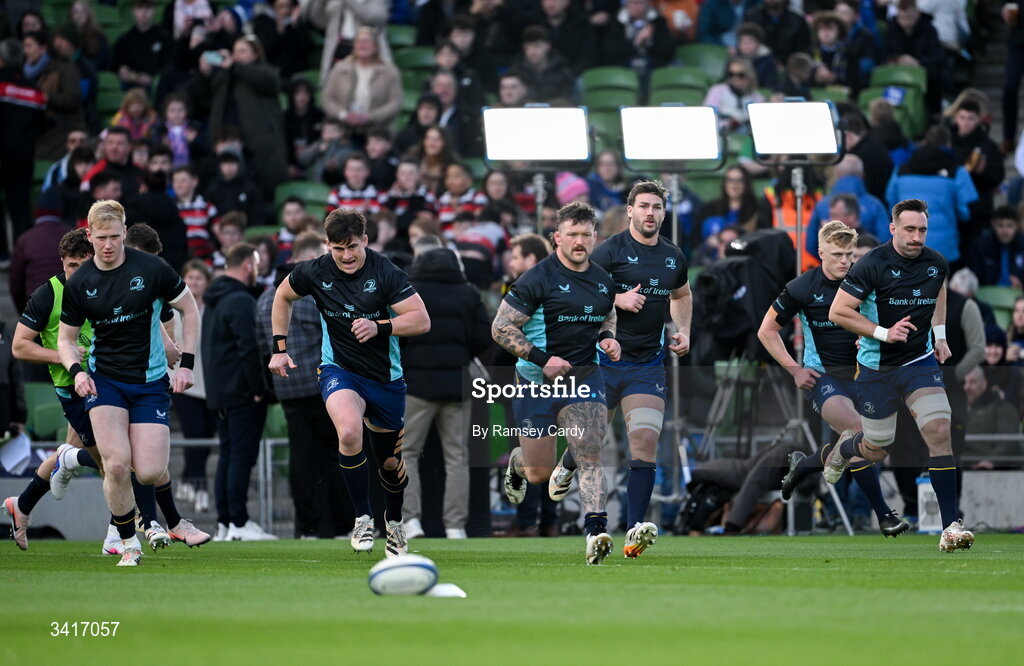 5 April 2026; The Leinster players before the Investec Champions Cup match between Leinster and Edinburgh at the Aviva Stadium in Dublin. Photo by Ramsey Cardy/Sportsfile