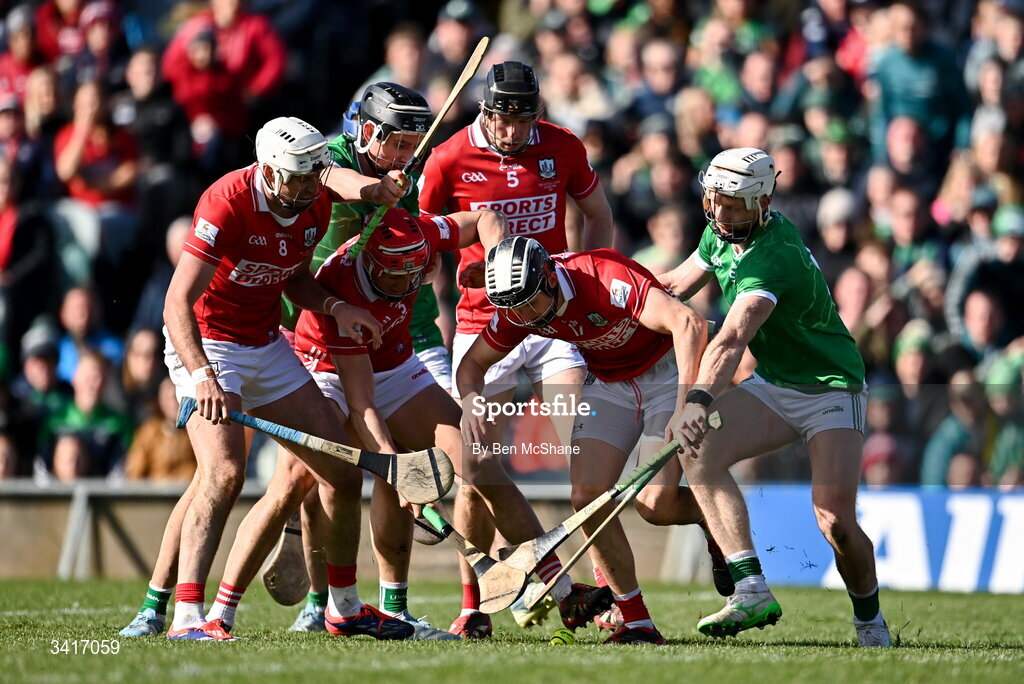 5 April 2026; Ger Millerick of Cork in action against Cian Lynch of Limerick during the Allianz Hurling League Division 1A final match between Limerick and Cork at TUS Gaelic Grounds in Limerick. Photo by Ben McShane/Sportsfile