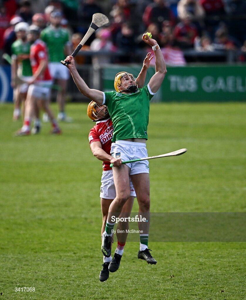 5 April 2026; Cathal O'Neill of Limerick in action against Micheál Mullins of Cork during the Allianz Hurling League Division 1A final match between Limerick and Cork at TUS Gaelic Grounds in Limerick. Photo by Ben McShane/Sportsfile