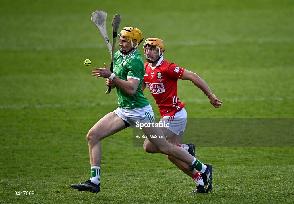 5 April 2026; Cathal O'Neill of Limerick in action against Micheál Mullins of Cork during the Allianz Hurling League Division 1A final match between Limerick and Cork at TUS Gaelic Grounds in Limerick. Photo by Ben McShane/Sportsfile