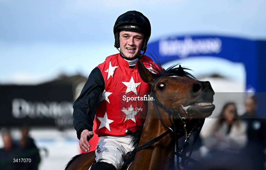 5 April 2026; Jockey Cian Quirke after winning the WillowWarm Gold Cup on Fleur In The Park during day two of the Fairyhouse Easter Festival at Fairyhouse Racecourse in Ratoath, Meath. Photo by Seb Daly/Sportsfile
