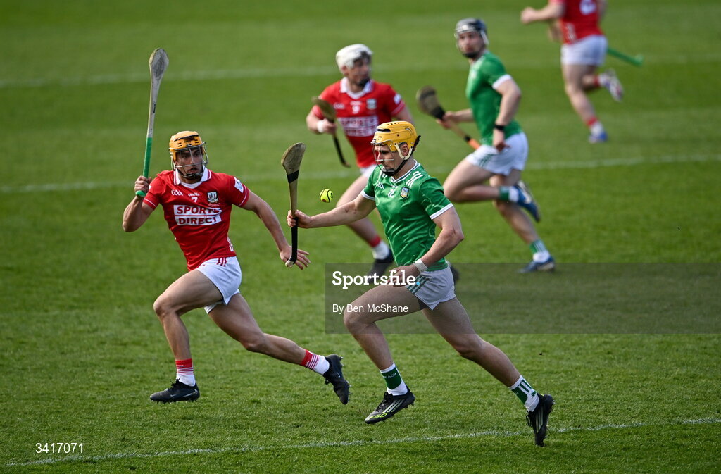 5 April 2026; Cathal O'Neill of Limerick in action against Micheál Mullins of Cork during the Allianz Hurling League Division 1A final match between Limerick and Cork at TUS Gaelic Grounds in Limerick. Photo by Ben McShane/Sportsfile