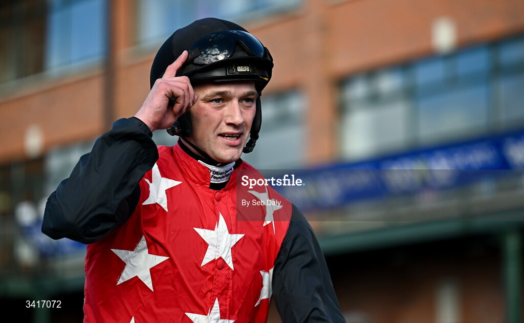 5 April 2026; Jockey Cian Quirke after winning the WillowWarm Gold Cup on Fleur In The Park during day two of the Fairyhouse Easter Festival at Fairyhouse Racecourse in Ratoath, Meath. Photo by Seb Daly/Sportsfile