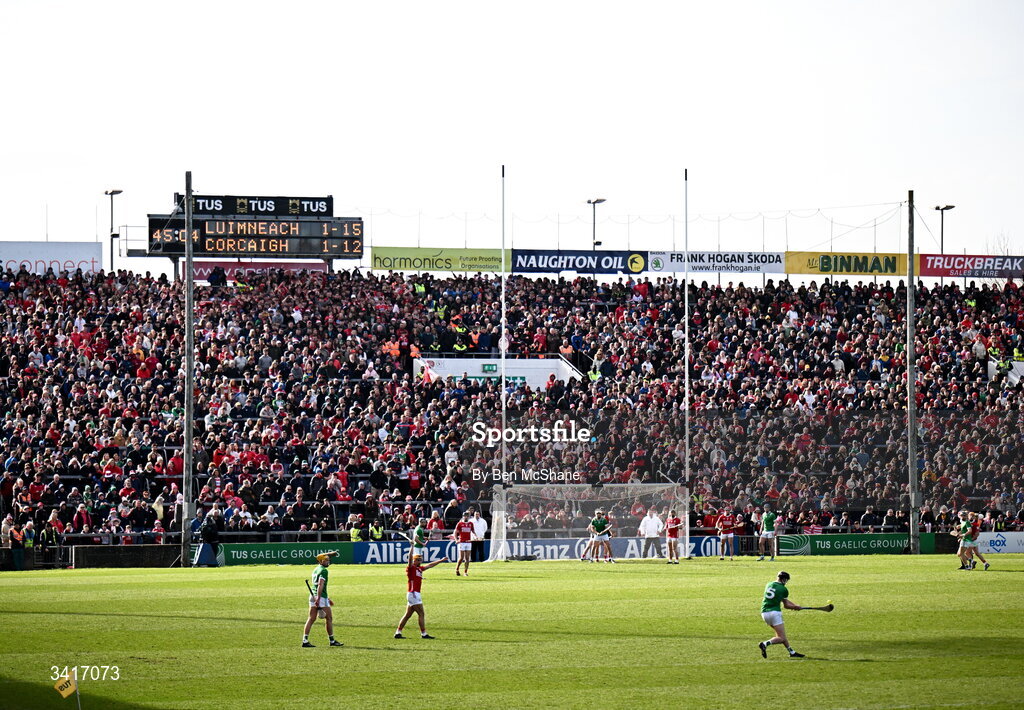 5 April 2026; Diarmaid Byrnes of Limerick, 5, takes a free during the Allianz Hurling League Division 1A final match between Limerick and Cork at TUS Gaelic Grounds in Limerick. Photo by Ben McShane/Sportsfile