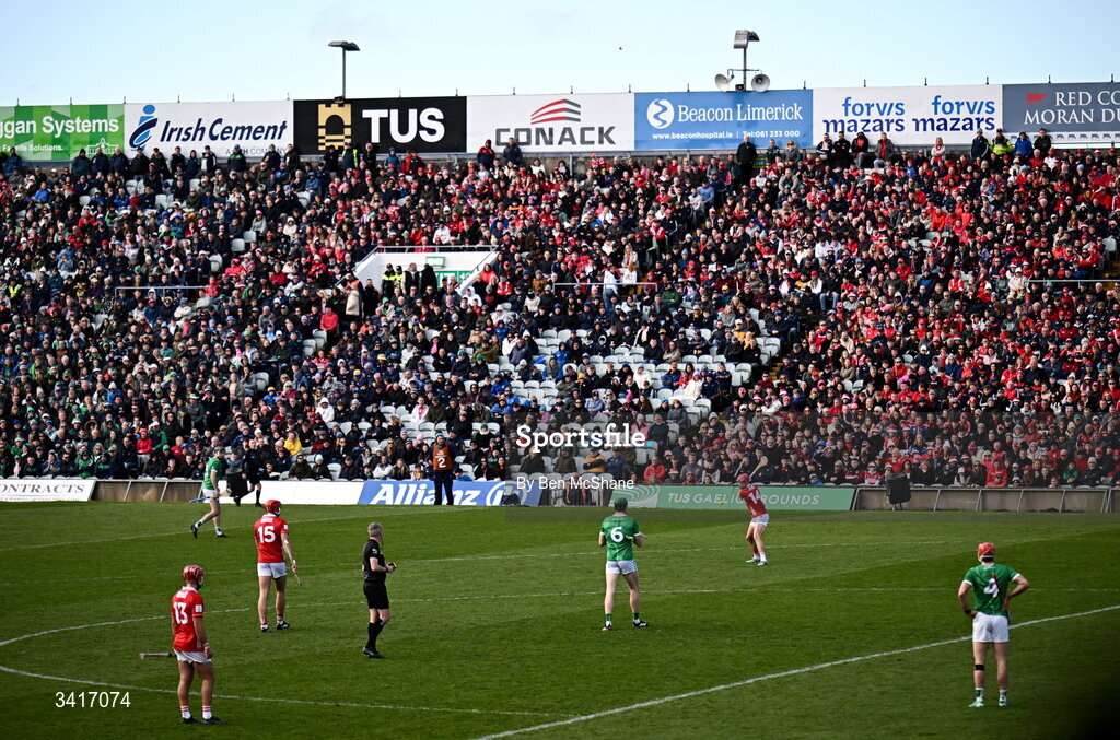 5 April 2026; Alan Connolly of Cork, right, takes a free during the Allianz Hurling League Division 1A final match between Limerick and Cork at TUS Gaelic Grounds in Limerick. Photo by Ben McShane/Sportsfile
