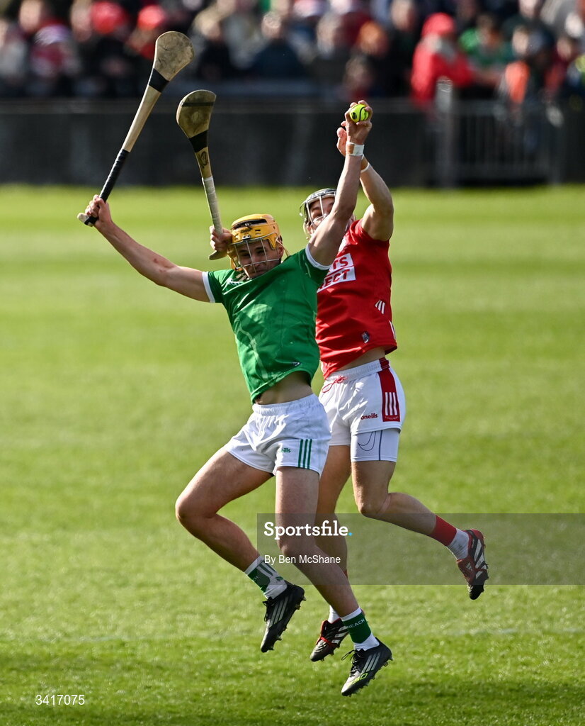 5 April 2026; Cathal O'Neill of Limerick wins possession of the sliotar ahead of Mark Coleman of Cork during the Allianz Hurling League Division 1A final match between Limerick and Cork at TUS Gaelic Grounds in Limerick. Photo by Ben McShane/Sportsfile