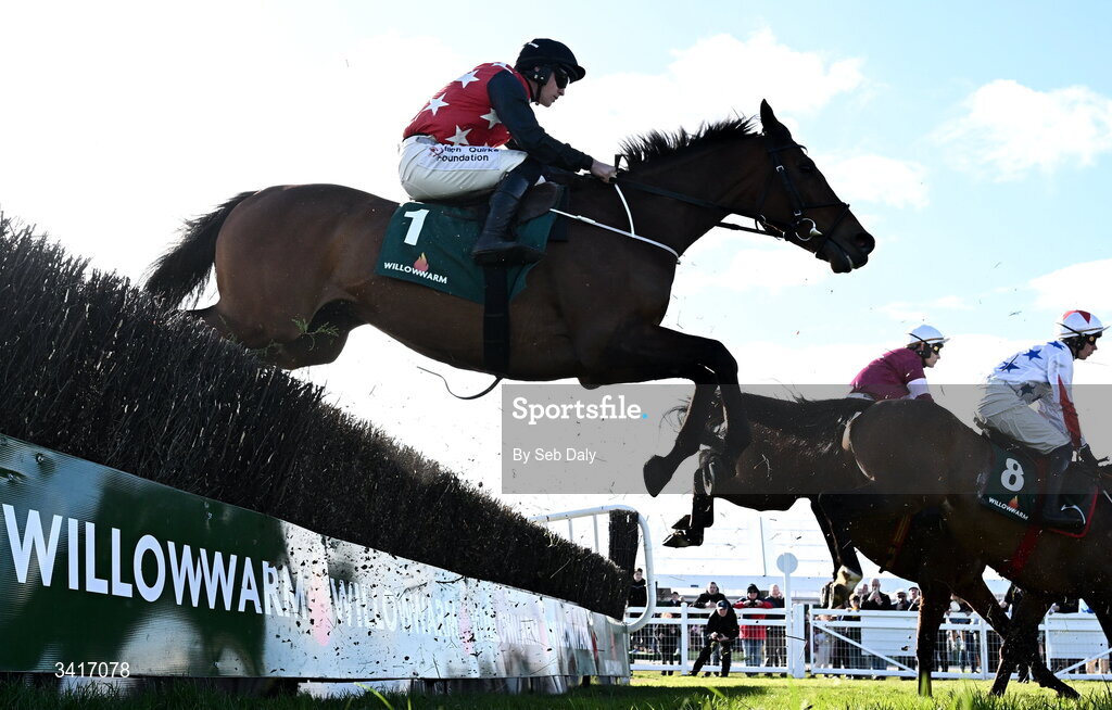 5 April 2026; Fleur In The Park, with Cian Quirke up, jumps the third on their way to winning the WillowWarm Gold Cup during day two of the Fairyhouse Easter Festival at Fairyhouse Racecourse in Ratoath, Meath. Photo by Seb Daly/Sportsfile