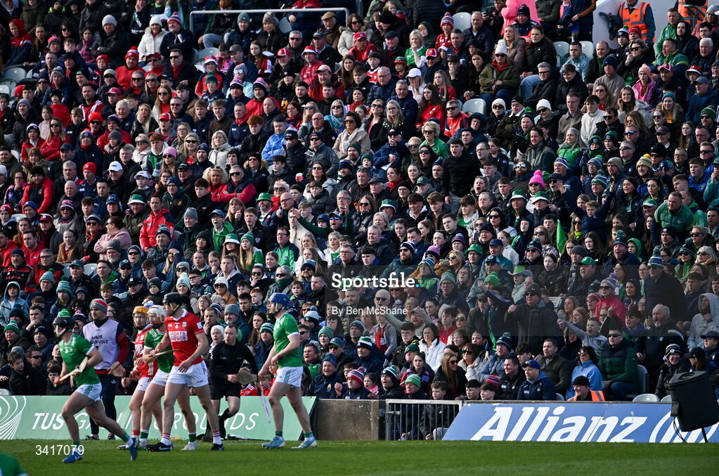 5 April 2026; Supporters react during the Allianz Hurling League Division 1A final match between Limerick and Cork at TUS Gaelic Grounds in Limerick. Photo by Ben McShane/Sportsfile