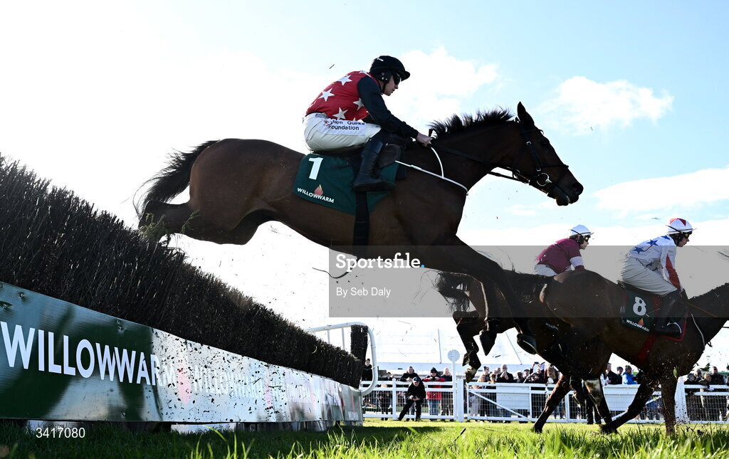 5 April 2026; Fleur In The Park, with Cian Quirke up, jumps the third on their way to winning the WillowWarm Gold Cup during day two of the Fairyhouse Easter Festival at Fairyhouse Racecourse in Ratoath, Meath. Photo by Seb Daly/Sportsfile