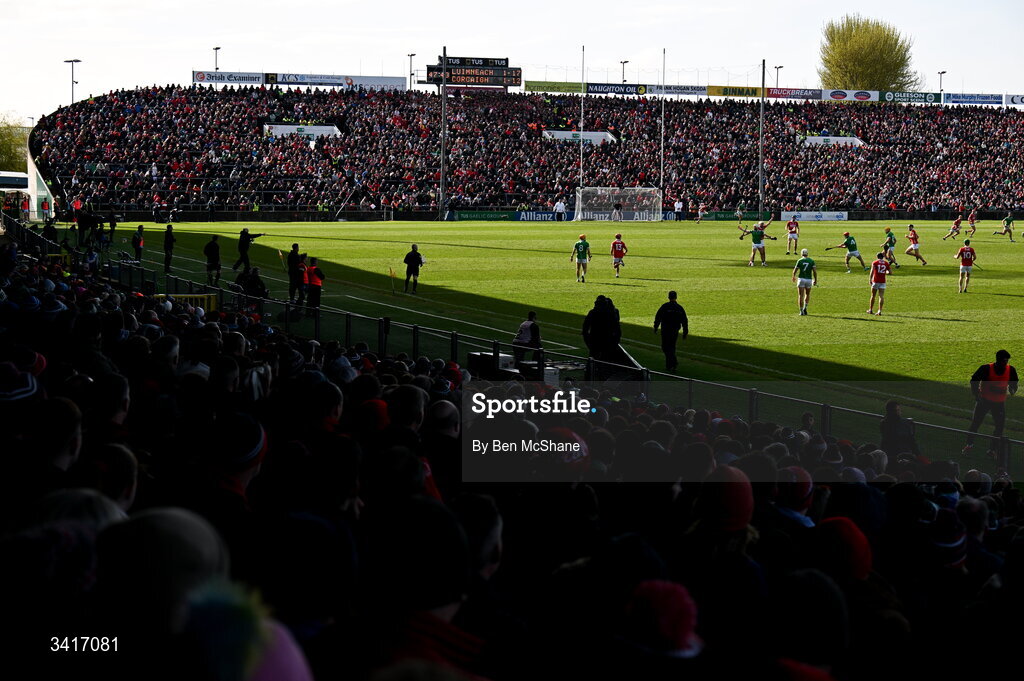 5 April 2026; A general view of the action during the Allianz Hurling League Division 1A final match between Limerick and Cork at TUS Gaelic Grounds in Limerick. Photo by Ben McShane/Sportsfile