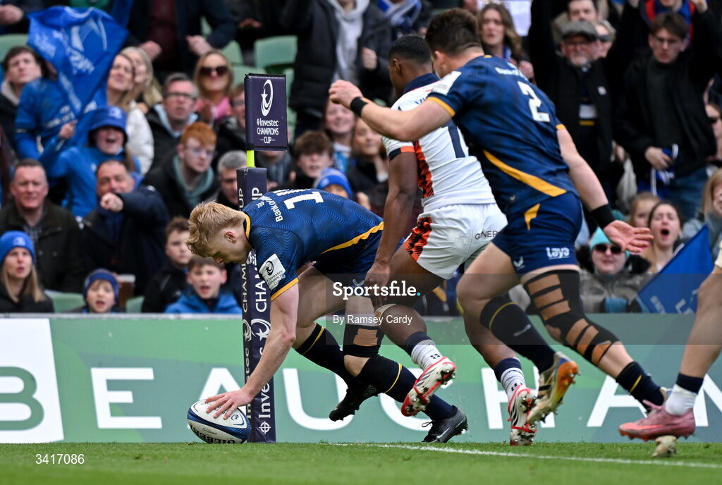 5 April 2026; Tommy O'Brien of Leinster scores his side's first try during the Investec Champions Cup match between Leinster and Edinburgh at the Aviva Stadium in Dublin. Photo by Ramsey Cardy/Sportsfile