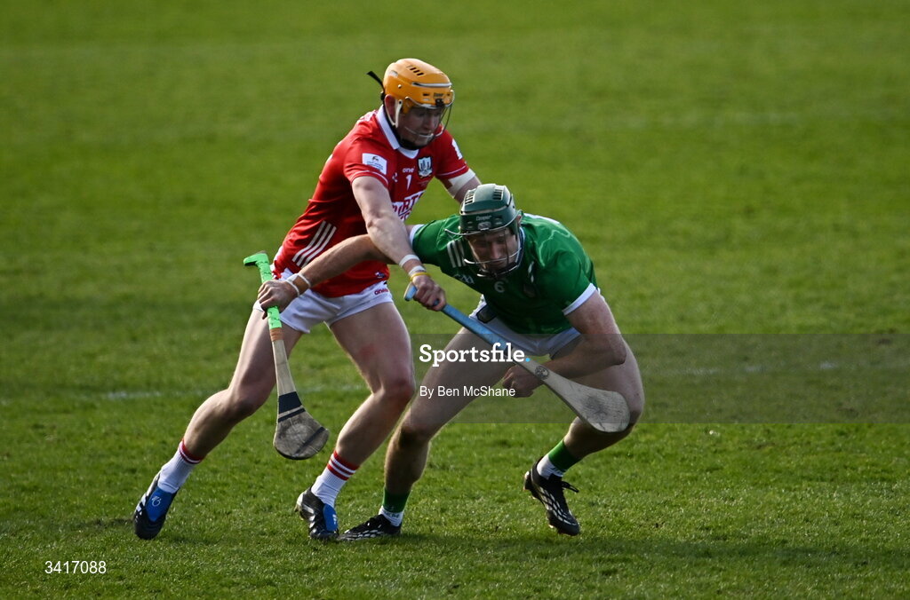 5 April 2026; William O'Donoghue of Limerick is tackled by Shane Barrett of Cork during the Allianz Hurling League Division 1A final match between Limerick and Cork at TUS Gaelic Grounds in Limerick. Photo by Ben McShane/Sportsfile