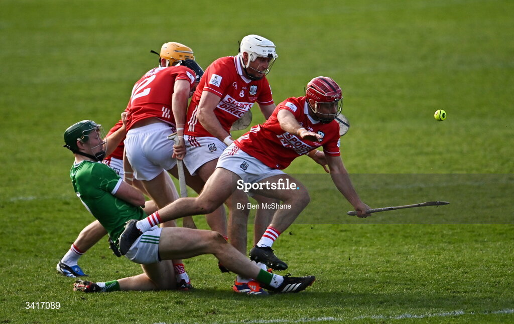 5 April 2026; William Buckley of Cork is tackled by William O'Donoghue of Limerick during the Allianz Hurling League Division 1A final match between Limerick and Cork at TUS Gaelic Grounds in Limerick. Photo by Ben McShane/Sportsfile