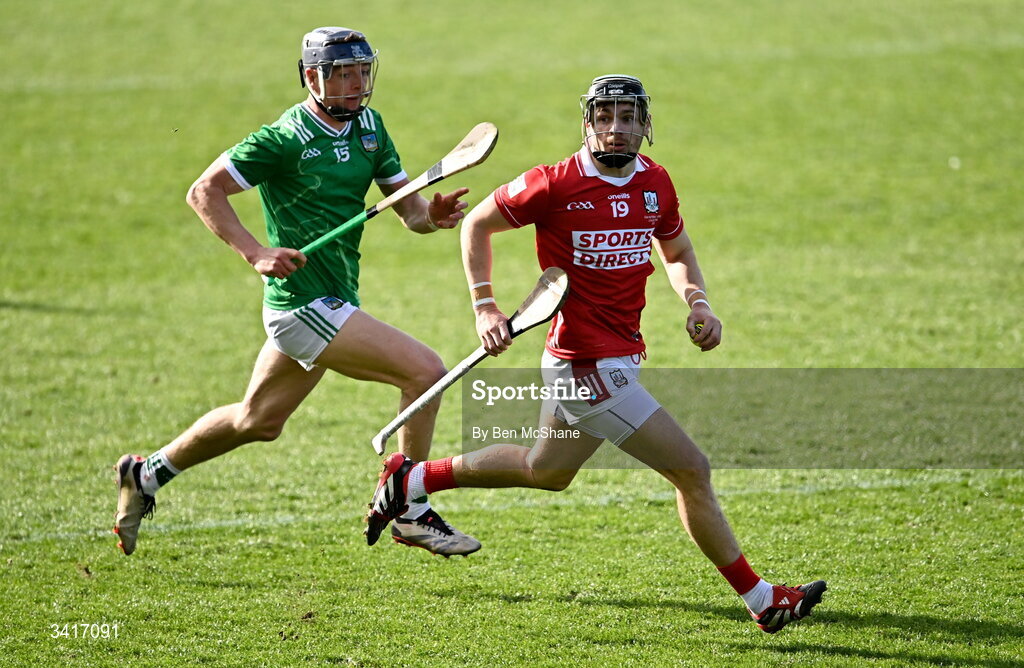 5 April 2026; Mark Coleman of Cork in action against David Reidy of Limerick during the Allianz Hurling League Division 1A final match between Limerick and Cork at TUS Gaelic Grounds in Limerick. Photo by Ben McShane/Sportsfile