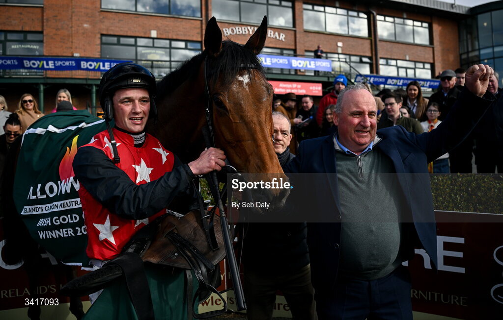 5 April 2026; Jockey Cian Quirke and trainer Andrew Slattery after winning the WillowWarm Gold Cup with Fleur In The Park during day two of the Fairyhouse Easter Festival at Fairyhouse Racecourse in Ratoath, Meath. Photo by Seb Daly/Sportsfile
